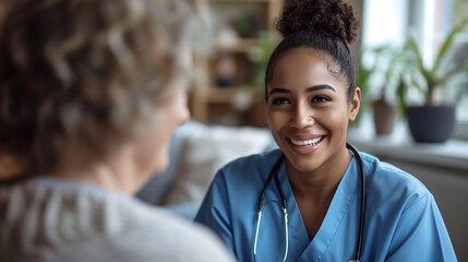 A home health care worker assists an elderly woman in her home	
