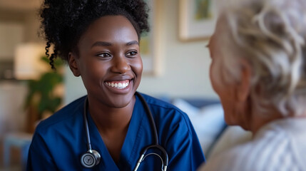 A home health care worker assists an elderly woman in her home	
