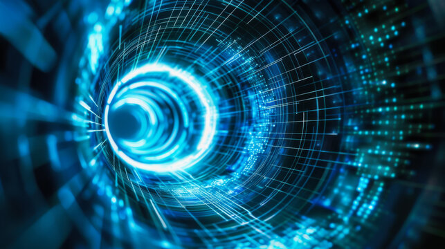 Dynamic blue digital tunnel visualizing data flow through a futuristic network environment