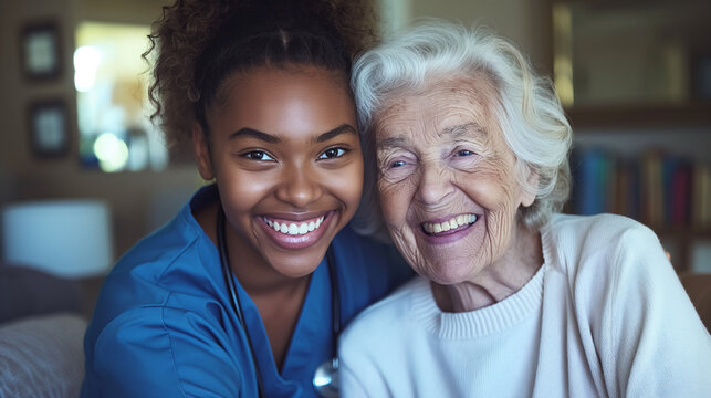 A home health care worker assists an elderly woman in her home	

