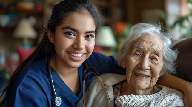 A home health care worker assists an elderly woman in her home	

