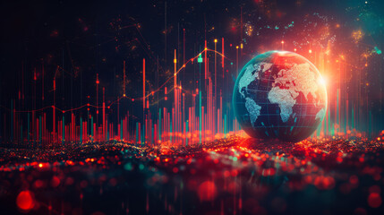 Futuristic city skyline illuminated by vibrant data streams and a glowing Earth against a digital backdrop at night