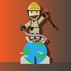 A cartoonish figurine of a male firefighter stands on a desk. The figurine shows a brave and courageous firefighter standing on planet Earth, symbolizing his role in protecting fire safety.