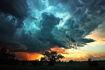A dramatic sunset skims the horizon as dark storm clouds gather over an open field, creating a stunning contrast of colors in the late evening sky