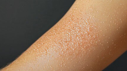 Close-up of an arm with allergic contact dermatitis, showing small, itchy bumps and redness, with a clear indication of discomfort