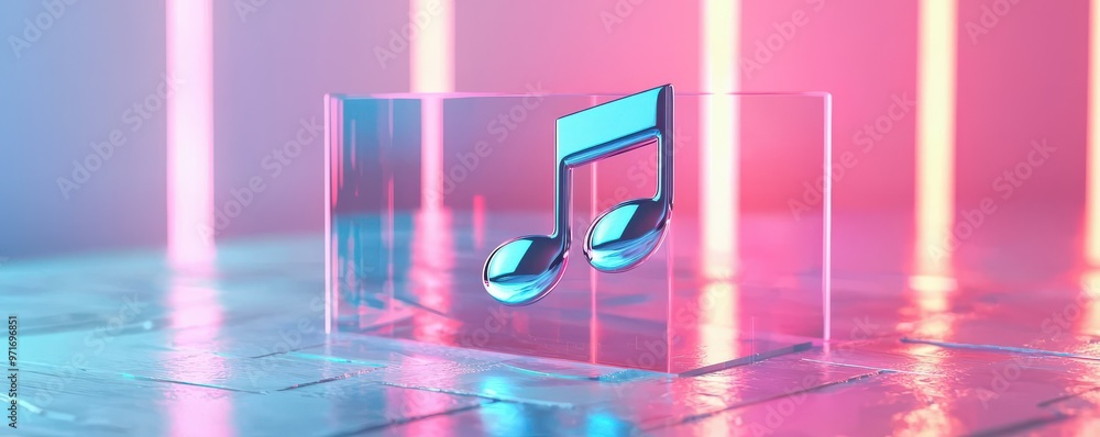 Poster a modern and vibrant 3d representation of a music note inside a transparent block, illuminated by co