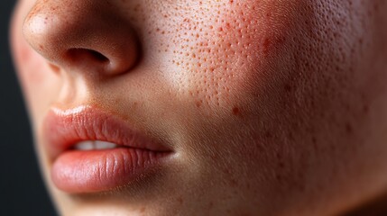 Fototapeta premium Close-up of red, irritated skin with a raised, itchy rash caused by an allergic reaction, detailed texture of inflamed skin