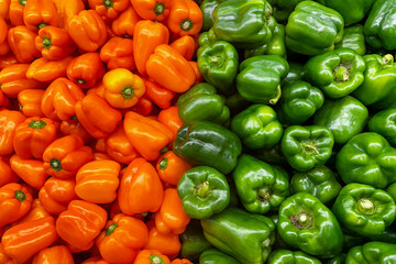 bright orange and green bell peppers, contrasting in color but similar in shape, neatly stacked at a market