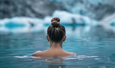 Fototapeta premium A unique scene featuring a person's back as they swim in a serene icy lake, surrounded by rugged mountain scenery with a topknot hairstyle