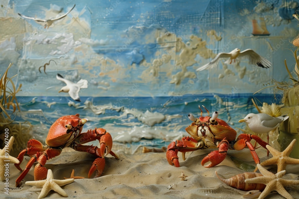 Poster Two crabs on the beach in front of a seagull with ocean waves and seashells during a sunny day with a clear sky