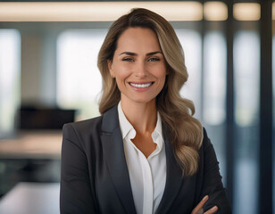 A confident businesswoman in a sharp suit, smiling in front of a modern office background. N