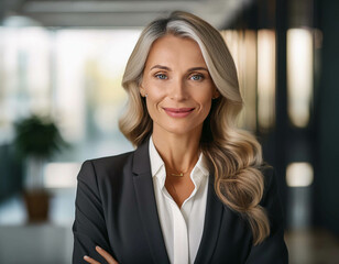 Naklejka premium A confident businesswoman in a sharp suit, smiling in front of a modern office background. N