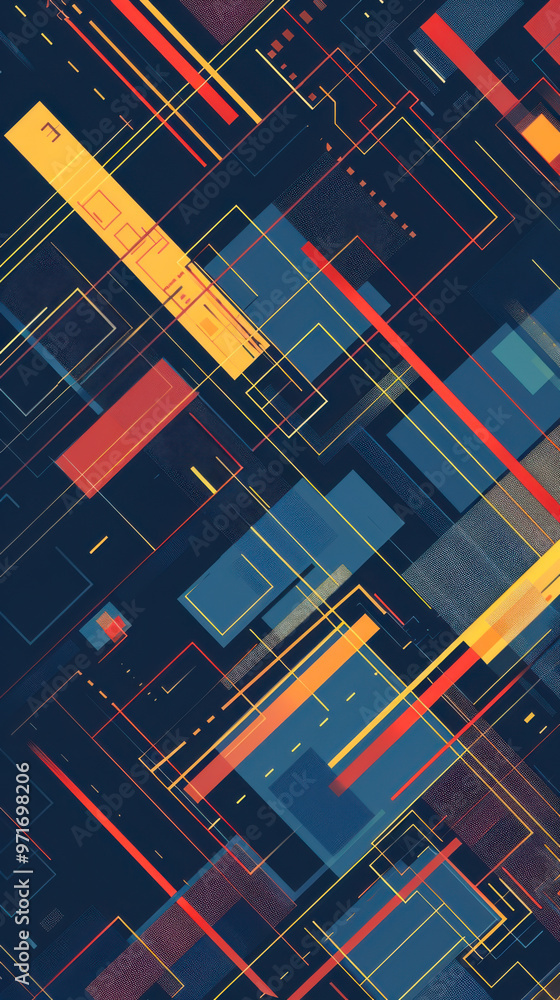 Poster abstract design featuring vibrant geometric patterns and lines in a dark background