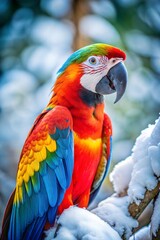 Obraz premium Colorful parrot perched on snowy branch, close-up photography 
