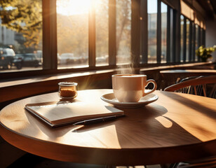 A cozy caf? with large windows letting in soft sunlight, casting warm shadows on wooden tabl