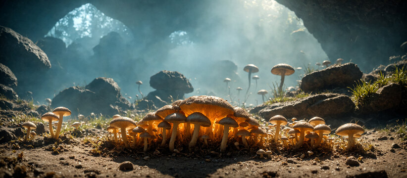 Mushrooms In their natural tropical environment, mycelium grows on sandy substrate during the day, illuminated by sunlight. Digital Concept Illustration