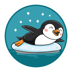 Joyful Penguin Sliding on Ice in Circular Frame