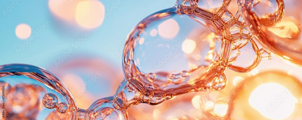 Poster beautiful close-up of soap bubbles reflecting light, creating a dreamy atmosphere with vibrant color