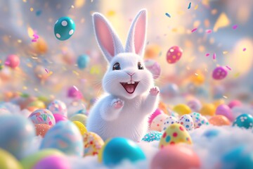 A cheerful white rabbit hops joyfully among colorful Easter eggs in a festive landscape, surrounded by confetti in vibrant spring colors
