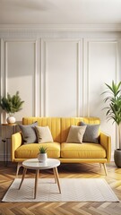 Domestic and cozy interior of living room with yellow sofa, plants, shelf, coffee table, boucle rug, mock up poster frame, side table, plant and elegant decoration Beige wall. Home decor. Template