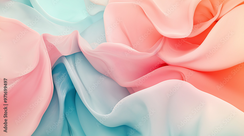 Poster a vibrant and abstract design with overlapping, fluid-like shapes in pastel colors. the shapes are p