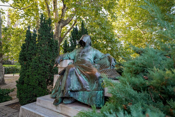 statue of the mysterious writter in Vajdahunyad castle
