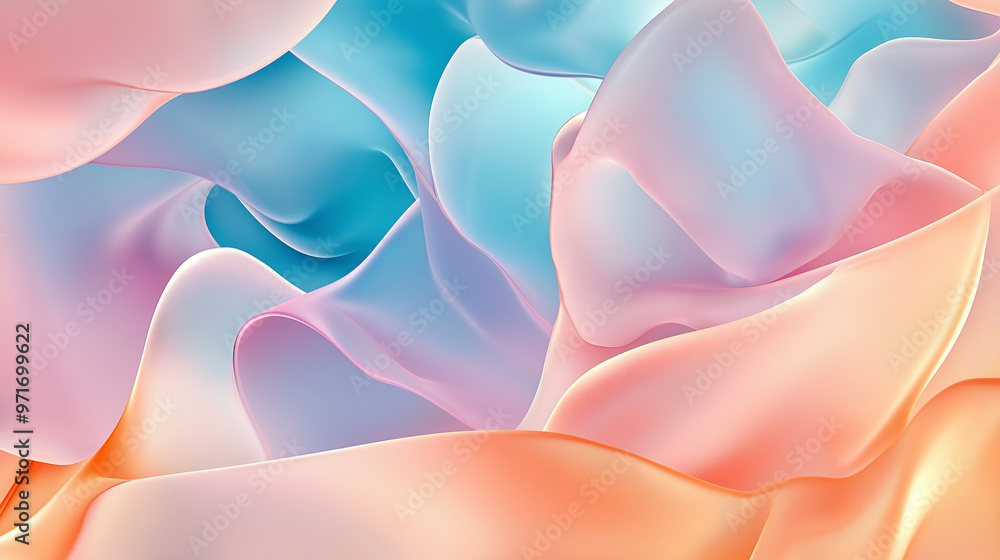 Poster a vibrant and abstract design with overlapping, fluid-like shapes in pastel colors. the shapes are p
