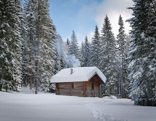 A cozy wooden cabin covered in fresh snow, nestled among tall pine trees in a remote forest.