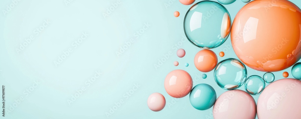 Poster colorful bubbles floating on a soft background, creating a whimsical and fresh atmosphere for creati