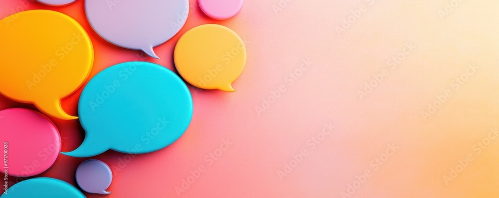 Poster colorful speech bubbles on a soft gradient background, symbolizing communication and conversation. a