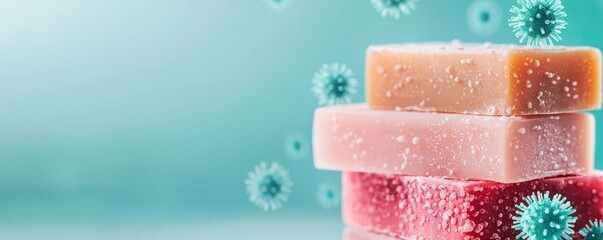Colorful soap bars stacked on a surface with virus illustrations in the background, highlighting cleanliness and hygiene concepts.