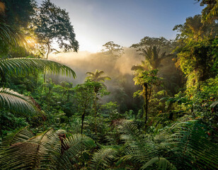 Naklejka premium A dense tropical rainforest at dawn, with mist rising between the trees. The lush greenery a