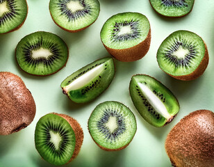 Fototapeta premium Overhead view of Fresh Ripe juicy&nbsp;kiwi fruit. Halves food summer background. healthy food