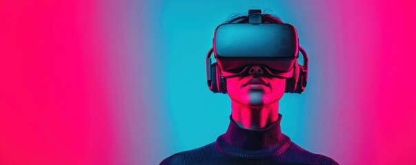 Futuristic individual immersed in virtual reality, showcasing advanced technology and vibrant lighting effects for digital engagement.