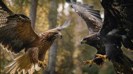 Fototapeta premium Two Hawks Facing Each Other in Flight with Spread Wings