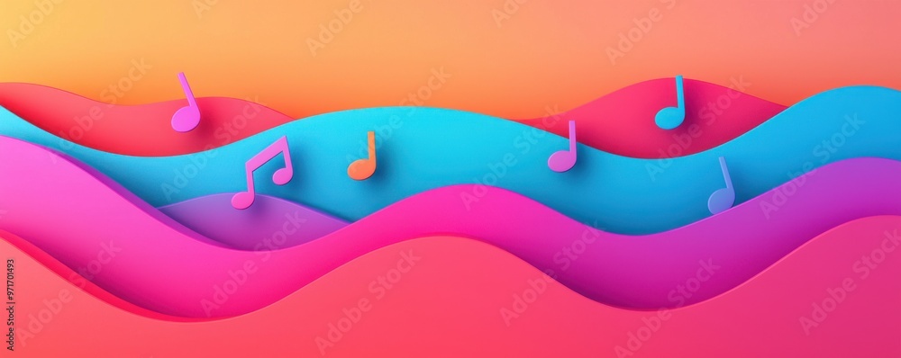 Poster vibrant abstract background with musical notes flowing through colorful waves, ideal for creative an