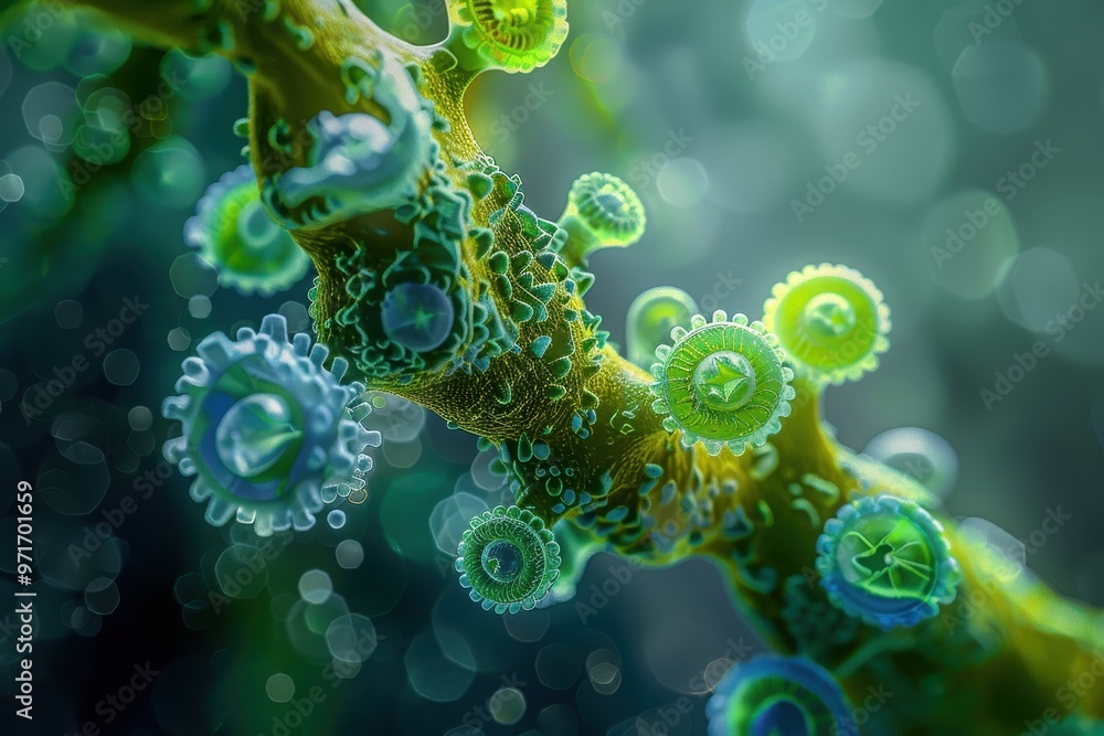 Poster close-up of vibrant green algae and microorganisms thriving on a submerged branch in a freshwater en