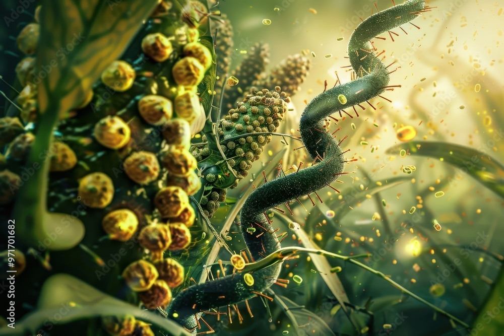 Poster close-up of vibrant green algae and microorganisms thriving on a submerged branch in a freshwater en