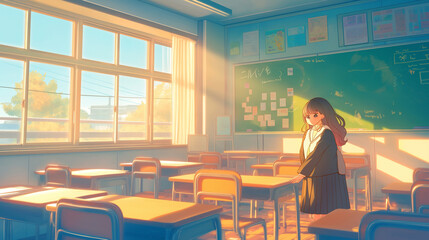 Fototapeta premium bright classroom with large windows, sunlight illuminating the desks a student standing by the chalkboard giving a presentation 