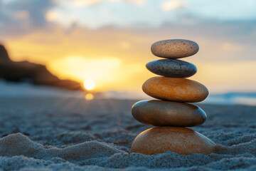 Fototapeta premium a stack of stones on a beach with a colorful background