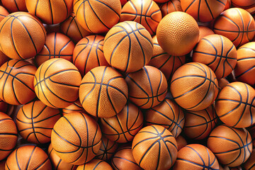 A large number of orange basketballs in the background