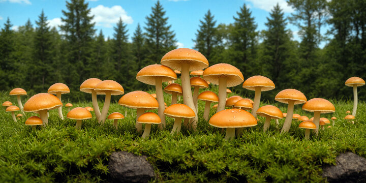 Psychedelic Psilocybin Mushrooms Golden Teacher on Mycelium Block, Close-Up. Raw Psilocybe Mushrooms Growing in Natural Environment. Smart Drug, medicine of the future