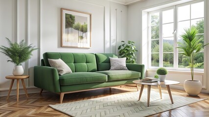 Obraz premium Domestic and cozy interior of living room with green sofa, plants, shelf, coffee table, boucle rug, mock up poster frame, side table, plant and elegant decoration Beige wall. Home decor. Template