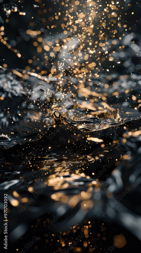 Poster sparkling droplets form stunning patterns as they collide with dark waters, capturing light in a mag