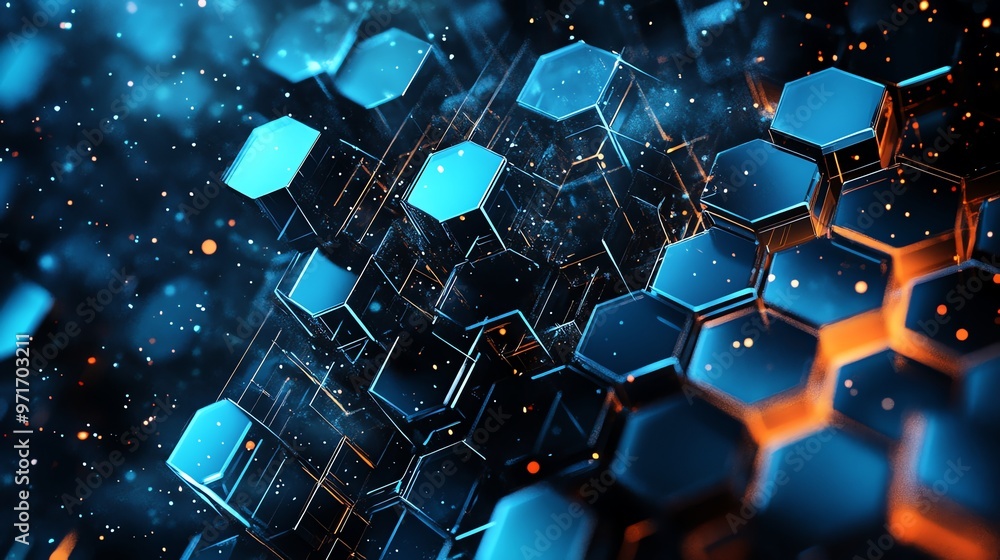 Poster abstract technological background with glowing blue and orange hexagonal shapes.