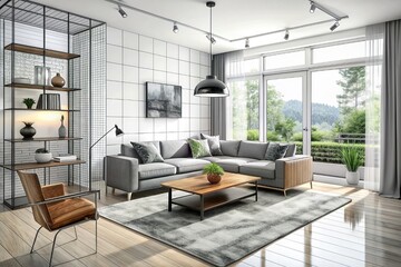 Fototapeta premium Domestic and cozy interior of living room with sofa, plants, shelf, coffee table, boucle rug, mock up poster frame, side table, plant and elegant decoration Beige wall. Home decor. Template