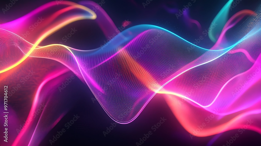 Poster abstract neon wave with glowing lines and particles.