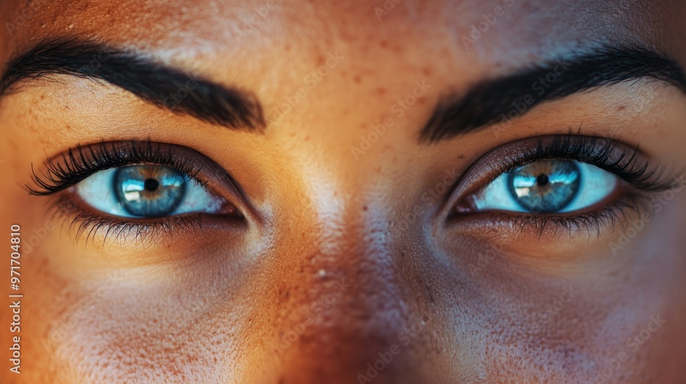 Poster Close-up of a woman's blue eyes with defined eyebrows and long eyelashes.