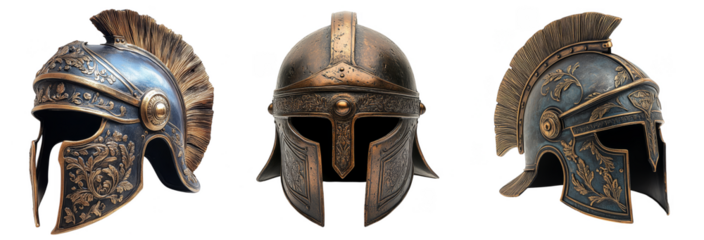 Ancient warrior helmets with intricate bronze details historical armor design transparent background