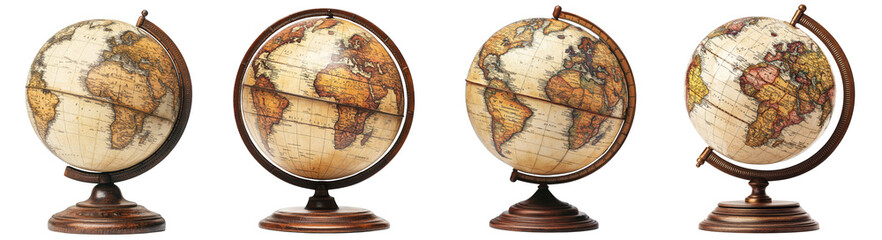Antique globes with world map design historical vintage decor transparent background